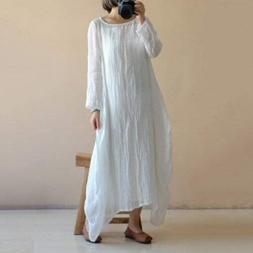 Flax Cotton Long Dress Autumn Pullover Round Face Long Sleeve Dress Sweet Casual Splicing Korean Large Swing Skirt