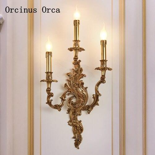 European style all copper Candle Wall Lamp living room background wall bedroom Bedside Lamp Retro gold carving wall lamp