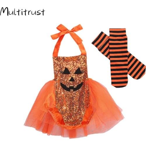 Baby Girl Halloween CostumeCute Pumpkin Face Sequin Halter Bodysuits Tutu Dress + Striped Socks 2Pcs Outfits 0-24M