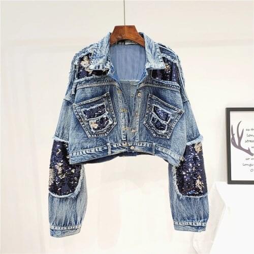 Streetwear Spring Short Vintage Sequins Splice Frayed Hole Denim jacket Women Fall Loose Washed Bat sleeves Bomber Jeans jacket