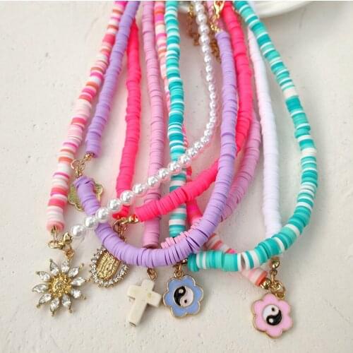 Fashion Clay Beads Yin Yang Flower Necklace For Women Clavicle Chain Colorful Soft Ceramic Boho Style Beaded Necklaces Jewelry