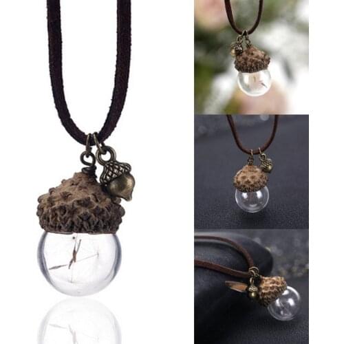 Trendy Transparent Glass Ball Pendant Necklace Vintage Acorn Pinecone Necklace Dandelion Flower Rope Chain Jewelry For Men Women