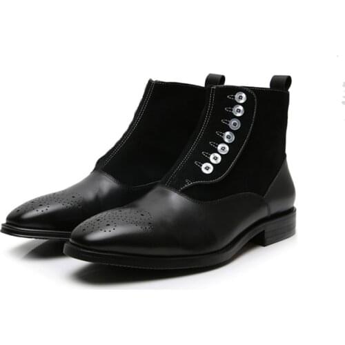 SHOOEGLE Men Handmade Chelsea Boots New Mens Leather and Suede Shoes Male Vintage Motorcycle Ankle Boots Party Dress Boots