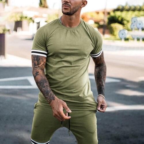 Men Tracksuit Set Patchwork Summer Short Sleeve T-shirt Drawstring Shorts 2-piece Mens Sportswear Suit Basketball Sports 2021