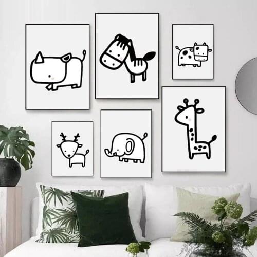 Nursery Wall Art Cartoon Animal Deer Horse Rhinoceros Giraffe Elephant Milk Cow Canvas Painting Nordic Poster Decorative Picture