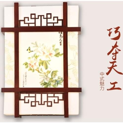 Chineses rustic style brown wood frame wall lamps Elegant white parchment E27 LED lamp for bedroom&porch&stairs&pavilion XDBD005