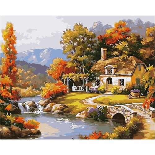 DIY adult and child digital painting set, digital painting-forest courtyard cottage landscape 40×50cm (frameless)
