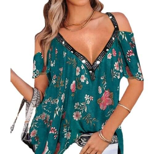 Sexy Off Shoulder T-shirts Womens Casual Plus Size Floral Print Short Sleeve V Neck Tops Elegant Summer Loose Beach Tee Shirts