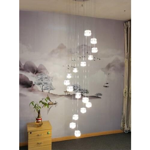 Modern stair 1-5M Chandelier Lighting fishing hanging Suspension light Cube Lustre crystal G4 Led chandelier fixture spiral lamp