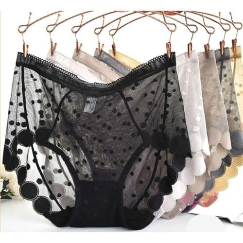 BS59 5XL Plus Size Thin Briefs Female Intimates Sexy Full Transparent Tempting Comfort Panties Mid Rise Dot Floral Underwear