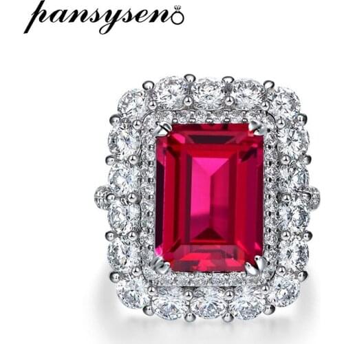 PANSYSEN Vintage Real 925 Sterling Silver Emerald Cut Ruby Created Moissanite Gemstone Ring Wedding Engagement Fine Jewelry Gift