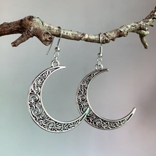 JK Vintage Moon Drop Earring for Women Hollowed Design Antique Silver Color Retro Versatile Style Girl Earrings Simple Gifts
