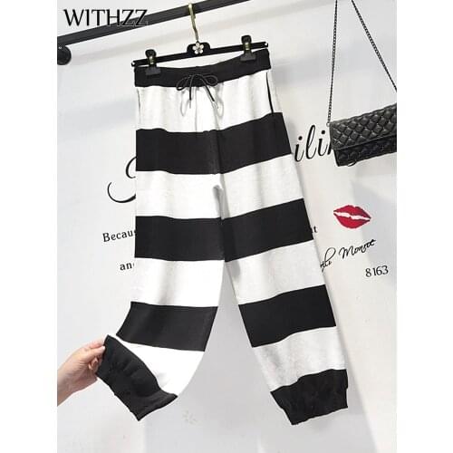 WITHZZ Women Spring Autumn Comfortable Stripe High Waist Hole Trousers Loose Female Sports Casual Knitting Harem Pants