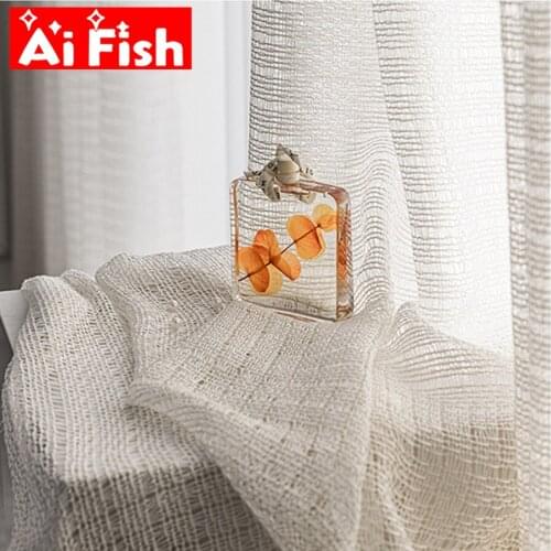 Japanese Style Polyester Flax Thread Hollow-out Tulle Curtains For Living Room Simple Beige Balcony Window Screen Decoration #5