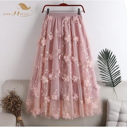 2021 Spring Summer Long Pleated Tulle Skirt Women Korean Mesh Floral Embroidery High Waist Aesthetic Midi Skirt Female VD2296