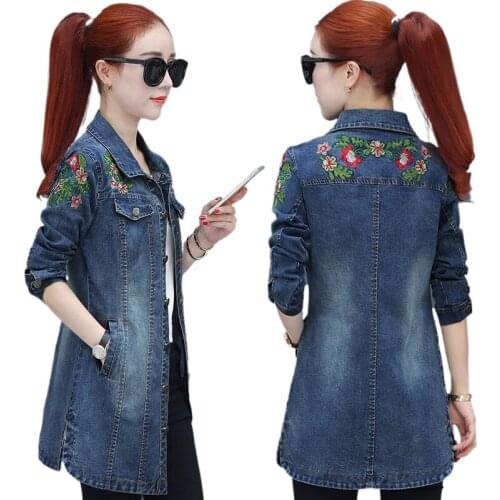 Denim jacket womens mid-length 2021 new denim jacket coat womens embroidered plus size spring and autumn womens trench coat