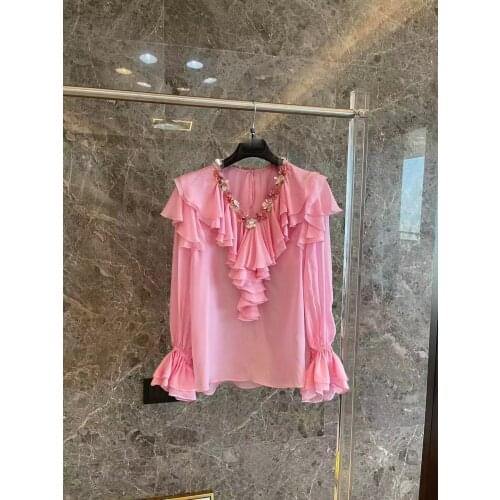 Blouse Pink Silk Chiffon Summer 2021 V-neck Ruffle Jabot Long Flounce Sleeves Embroidered Sicily Luxury Runway Ruffled Famous