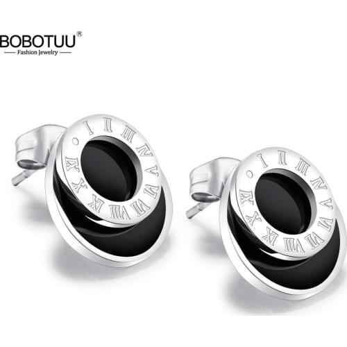 BOBOTUU Classic Roman Numeral Rose Gold Color Titanium Steel Stud Earrings Jewelry Female Black Round Earrings For Women BE17051