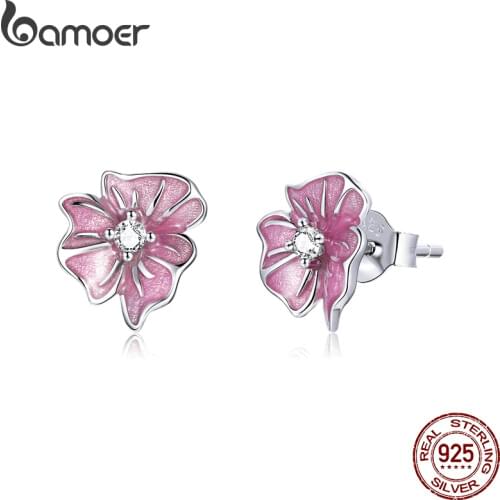 Bamoer Silver Enamel Flower Earrings 925 Sterling Silver Blossoming Stud Earring for Women Engagement Jewelry Gift 2021 BSE471