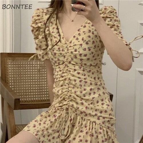 Dress Women Simple Lovely Floral Shirring V-neck Prairie Chic Slim Girls Puff Sleeve Abdomen Sexy Mermaid Sweet Holiday Retro