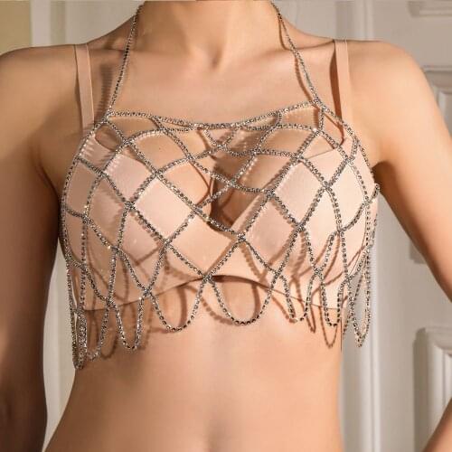 2021 Sexy Women Grid Bikini Sling Rhinestone Bra Body Jewelry Fashion Crystal Tassel Thong Waist Chain Body Chain Accessories