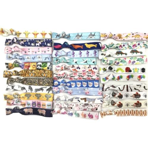 34 Colors 40pcs/Lot 5/8" Animal Hedgehog Frog Fold Over Elastic Band Hair Tie FOE Ribbon Bracelet Ponytail Holder