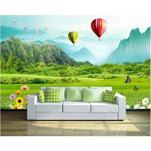 3d wallpaper for room Natural landscape grassy mountain hot air balloon 3D background wall photo 3d wallpaper