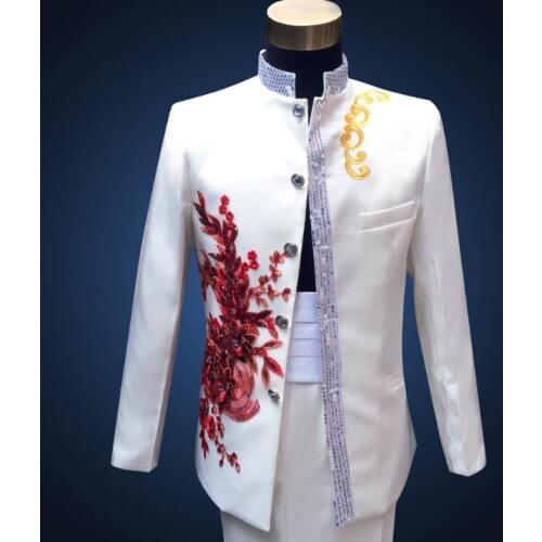 Sequins stand collar formal dress latest coat pant designs suit men embroidered flowers chinese tunic wedding suits for mens