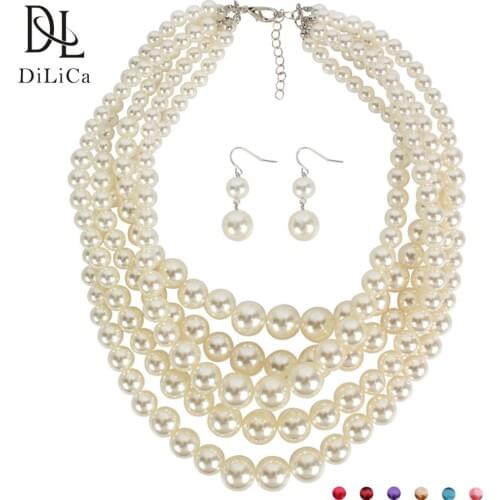 DiLiCa Elegant Womens Imitation Pearl Jewelry Sets Fashion Layered Beads Statement Necklace Earrings African Jewelry Set
