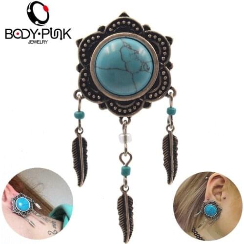BODY PUNK Double Flare Ear Plugs Organic Polished Body Piercing Jewelry Filigree With Feather Dangle Ear Plugs 6mm-25mm PLG 099