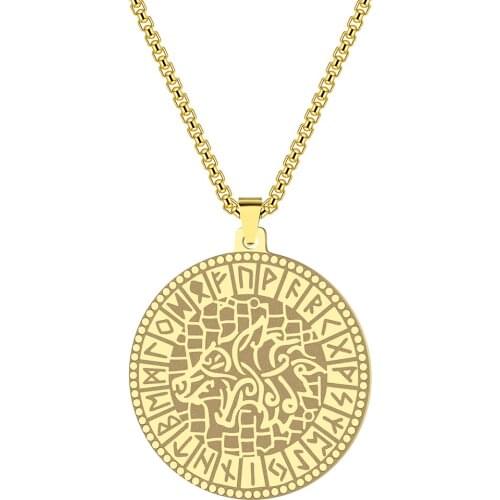 Kinitial Vintage Nordic Necklace Stainless Steel Viking Fenrir Wolf Rune Pendant For Women Mens Amulet Jewelry Choker Gift