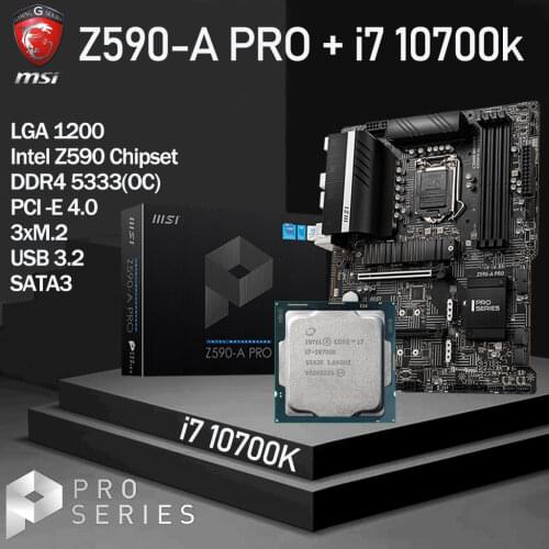 LGA 1200 MSI Z590-A PRO Motherboard Combo+ Intel Core i7 10700K CPU Set DDR4 128Gb 5333(OC) M.2 PCI-E 4.0 Placa-mãe Desktop Z590