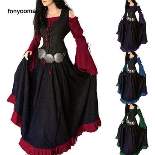 Halloween Cos Medieval Vintage 2 Piece Set Slim Maxi Dress Costume Adult Women Renaissance Lace-Up Irregular Gown Robe Dresses