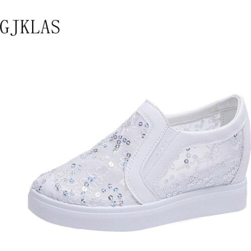 Hidden Heel Wedge Sneakers Slip on Shoes for Women Black White Sneakers Ladies Breathable Sports Shoes Lace Hollow Sneakers