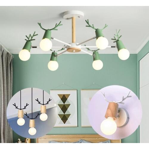 Contracted Macaron chandelier Nordic modern solid wood deer head chandelier living room bedroom creative personality home light