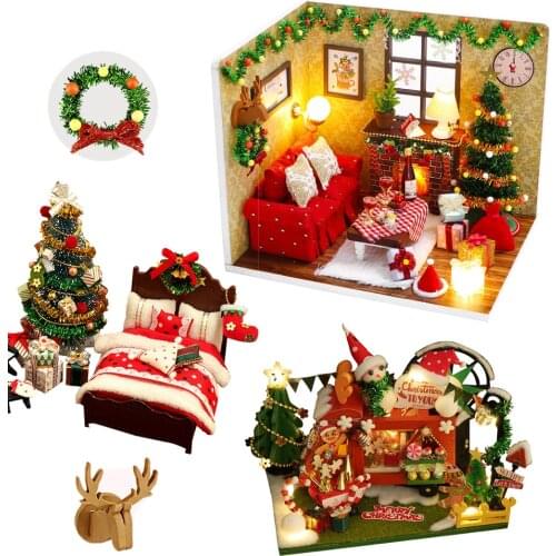 Christmas Room Bed DIY Miniature Wooden Doll House With Light Furniture Kit Casa Assembled Dollhouse Set Toys for Children Gifts