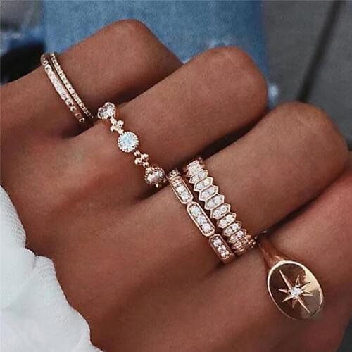 Miss JQ 6 Pcs/set Bohemian Micro-inlaid Rhinestone Knuckle Rings Set for Women Gold Alloy Midi Finger Sun Ring Statement Jewelry
