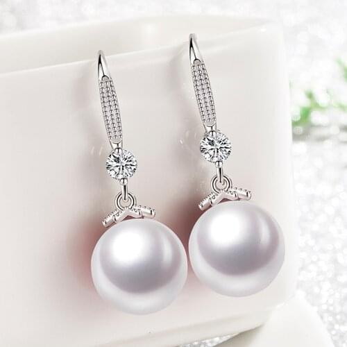 Fashion 925 Sterling Silver Pearl Drop Earrings for Women Simple White Gold AAA Zircon 12mm Pearls Earring Jewelry Gift 2021 New