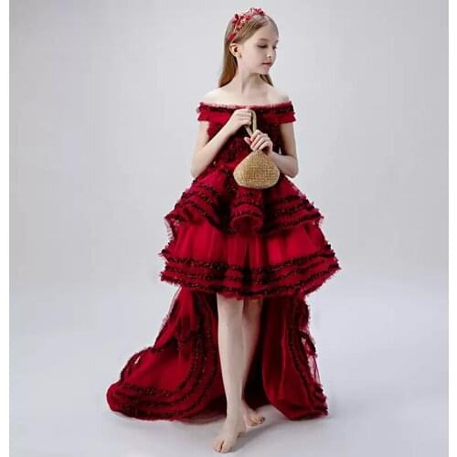 Flower Girl Dresses Illusion Boat-Neck Short Burgundy Princess Knee-Length Tulle Lace Off The Shoulder Cute Kids Party Gown H484