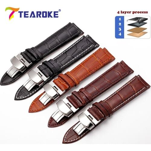 TEAROKE Leather Watch Band Strap Butterfly Deployant Buckle 12 14 16 18 19 20mm 22mm 24mm Polished Metal Clasp Watch Accessories