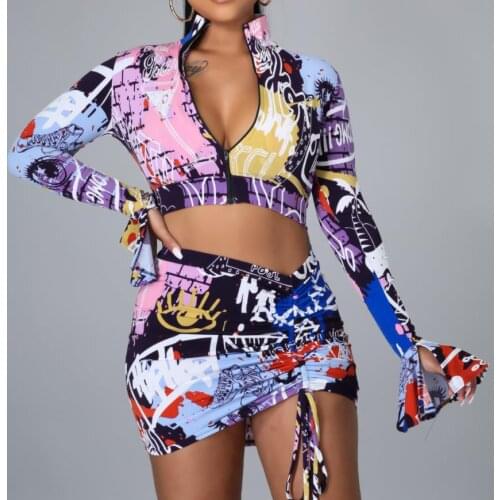 Wsevypo Sexy Women Beachwear Outfits Printed Four-piece Tied Halterneck Bra+Bikini Briefs+Long-Sleeve Crop Tops+Drawstring Skirt