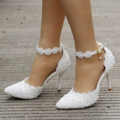 Pumps Women Shoes Ankle Strap Rhinestone High Heels Shoes Women Wedding Shoes Lace Flowers High Heel Stiletto Pumps