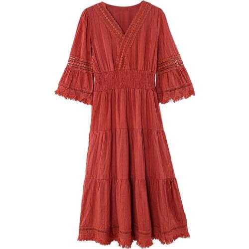 PERHAPS U Coral Red V Neck 3/4 Flare Sleeve Lace Hollow Out Tassel A Line Midi Mid Calf Dress Elegant Beach Summer D0377