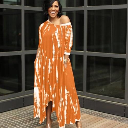 Womens Clothing Wide Necked Personality Split Pockets Fashion Tie Dye Irregular Skirt Commuter Long Dress Street Wear 2021