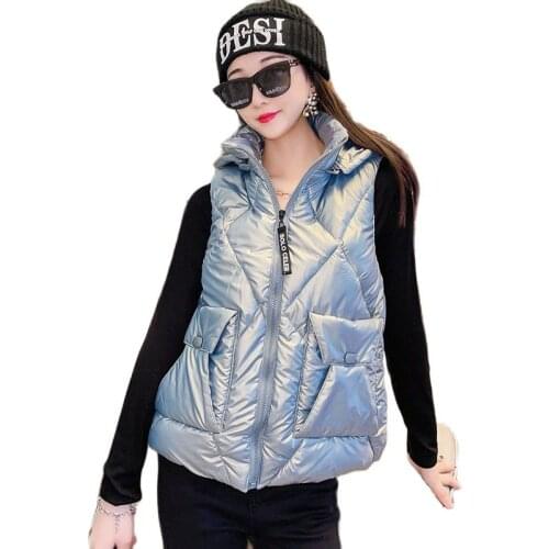 2021 New Korean Fashion Womens White Vest Short Slim aistcoat Student Hooded Sleeveless Vest Woman Winter Vintage Jacket Women