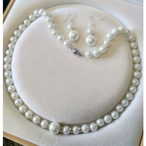 Women Jewelry Set 8mm 12mm round bead bright white real natural south sea shell pearl necklace + stud earring