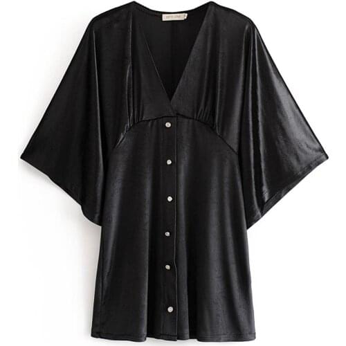 Women Dress Za Sexy Velvet Single Button V-Neck Mini Party Dress Half Sleeve Sheath Black Dress Elegant Fashon Mujer Vestidos