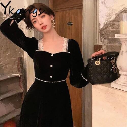 French Vintage Pearl Slim Dress Black Elegant Square Collar Long Sleeves Simple Design Robe Korean Spring Autumn Women Clothing