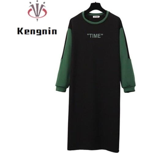 Plus Size 4XL Loose Women Dresses 2021 Autumn Patchwork Black Dress Ladies Vestidos Print Letter T-Shirt Hoodies Dress KE1656