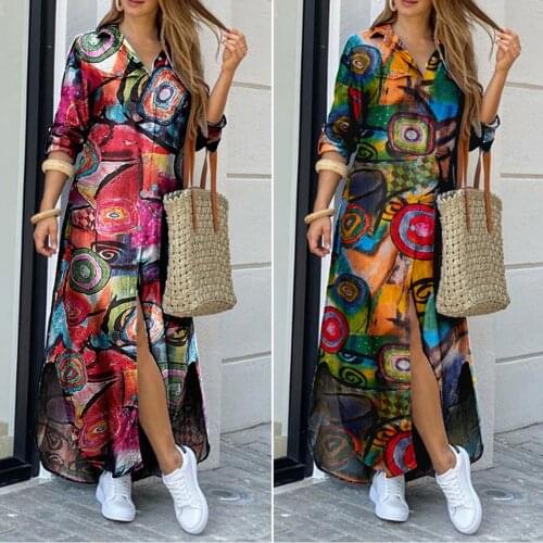 Women Vintage Long Shirt Dress Fashion Boho Beach Button Big Maxi Dress Autumn 2021 New Ladies Floral Print Oversized Dress Robe